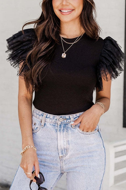 Heididress Round Neck Polka Dot Ruffle Short Sleeves Top