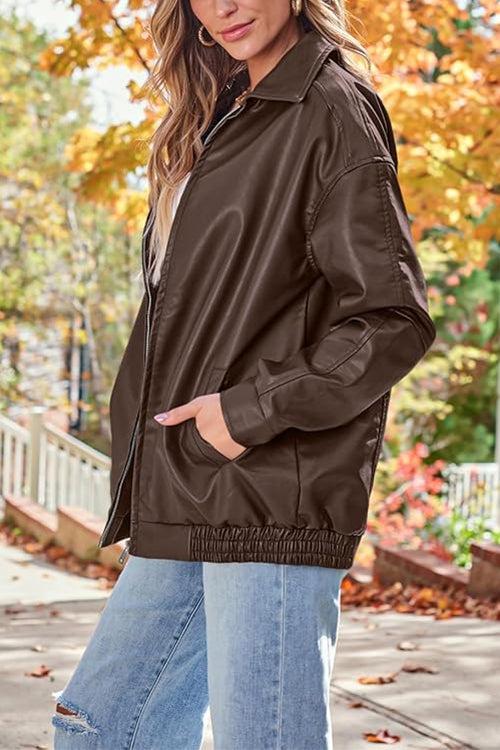 Heididress Lapel Zip Up Faux Leather Pocketed Jacket