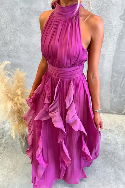 Halter Neck Waisted Ruffle Maxi Dress