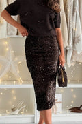 Back Slit Glitter Sequin Midi Skirt