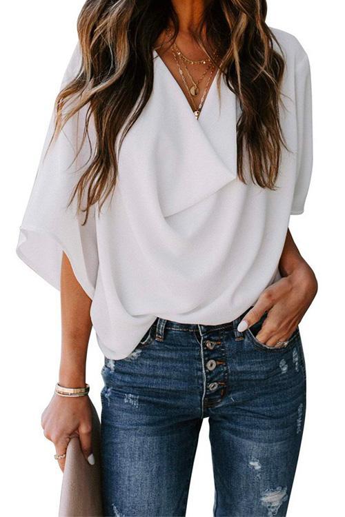 Heididress Cowl Neck Short Sleeve Drape Chiffon Shirt