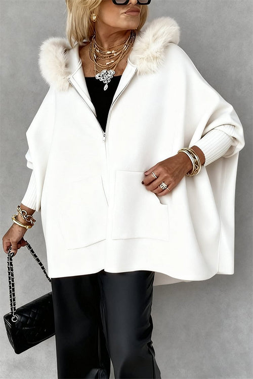 Heididress Dolman Sleeves Zipper Up Pocketed Jacket with Faux Fur Hood
