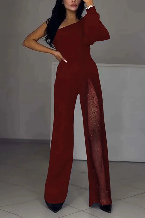 Heididress One Shoulder Long Sleeve Patchwork Wide Leg Jumpsuit