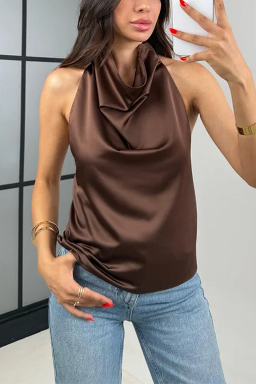 Heididress Chic Halter Cowl Neck Sleeveless Satin Top