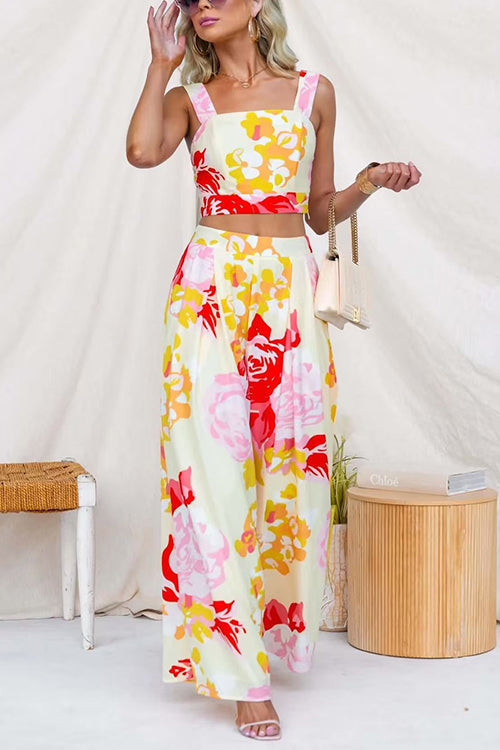 Floral Print Sleeveless Crop Top and Wide Leg Pants Set