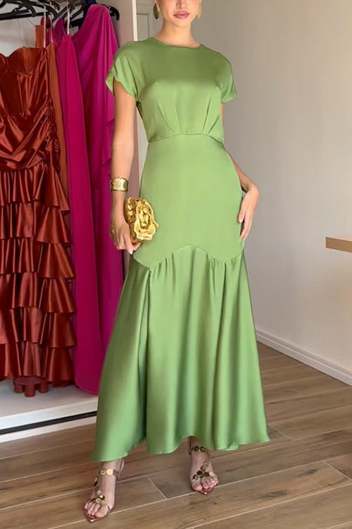 Crewneck Short Sleeves Back Cut Out Satin Maxi Dress