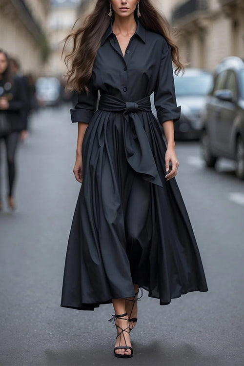 Heididress Long Sleeves Button Up Bow Waist Maxi Dress