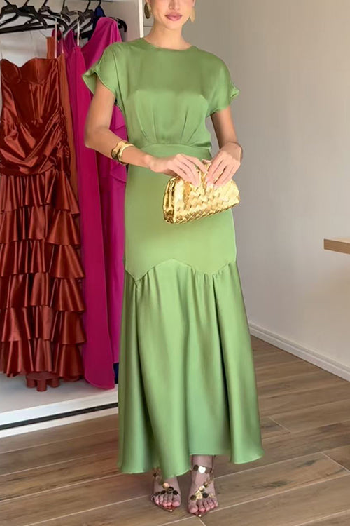 Crewneck Short Sleeves Back Cut Out Satin Maxi Dress