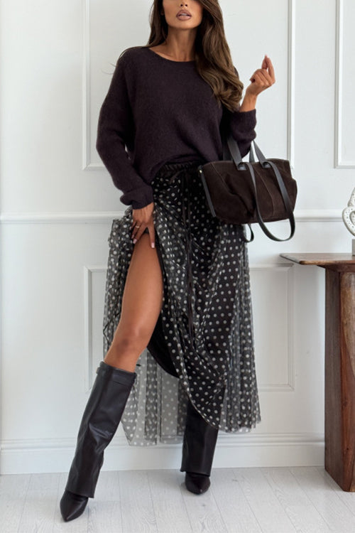 Drawstring Waist Polka Dot Tulle Maxi Skirt