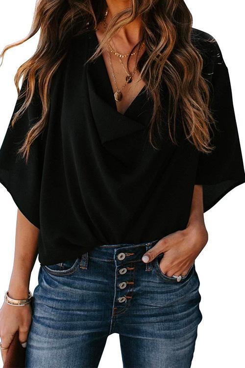 Heididress Cowl Neck Short Sleeve Drape Chiffon Shirt