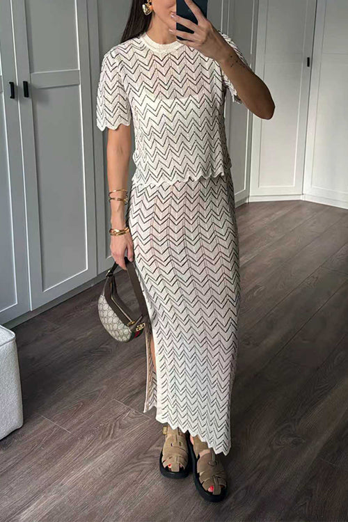 Crewneck Short Sleeves Zigzag Patterned Top