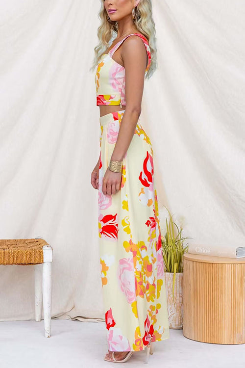 Floral Print Sleeveless Crop Top and Wide Leg Pants Set