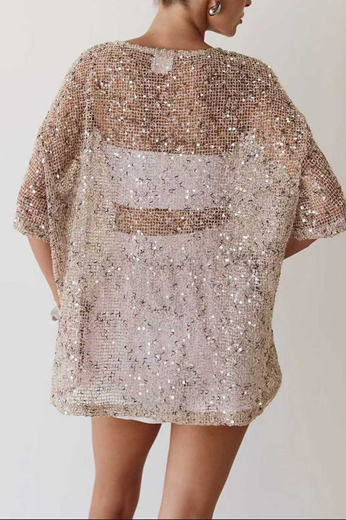 Round Neck Half Sleeves Crochet Hollow Out Sequin Top