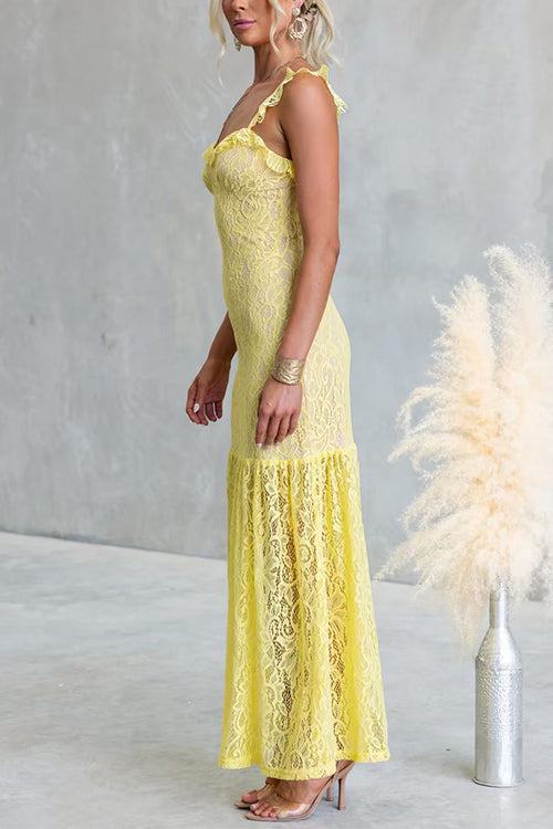 Sleeveless Lace Hollow Out Ruffle Trim Maxi Dress