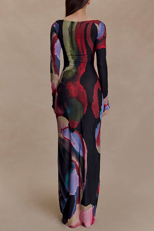 Boat Neck Long Sleeves Watercolor Print Maxi Dress