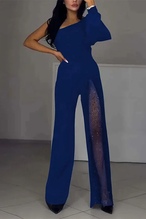 Heididress Stylish One Shoulder Slit Long Sleeve Mesh Splice Wide Leg Jumpsuit