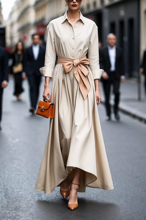 Heididress Lapel Long Sleeves Button Up Tie Waist Maxi Dress