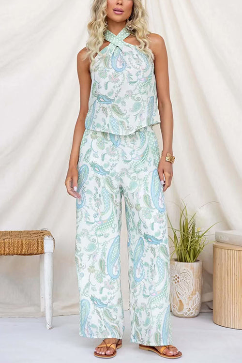 Elastic Waist Paisley Print Pocketed Wide Leg Pants