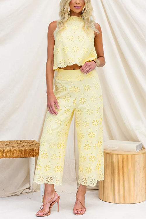 Elastic Waist Floral Lace Hollow Out Wide Leg Pants