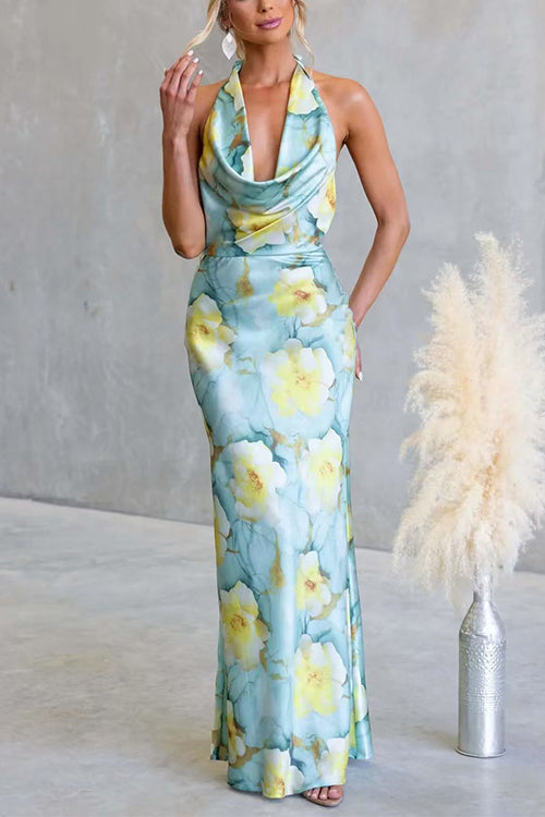 Halter Cowl Neck Open Back Floral Print Satin Maxi Dress
