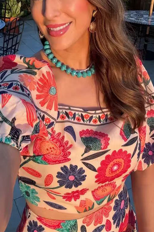 Puff Sleeves Back Cut Out Floral Print Crop Top