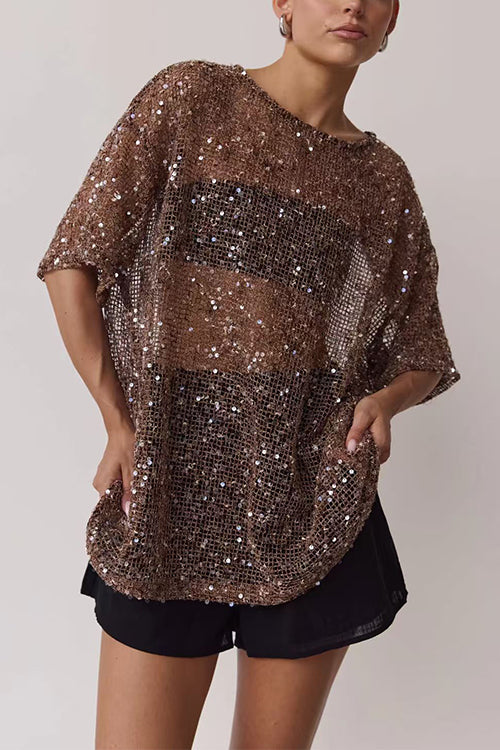 Round Neck Half Sleeves Crochet Hollow Out Sequin Top