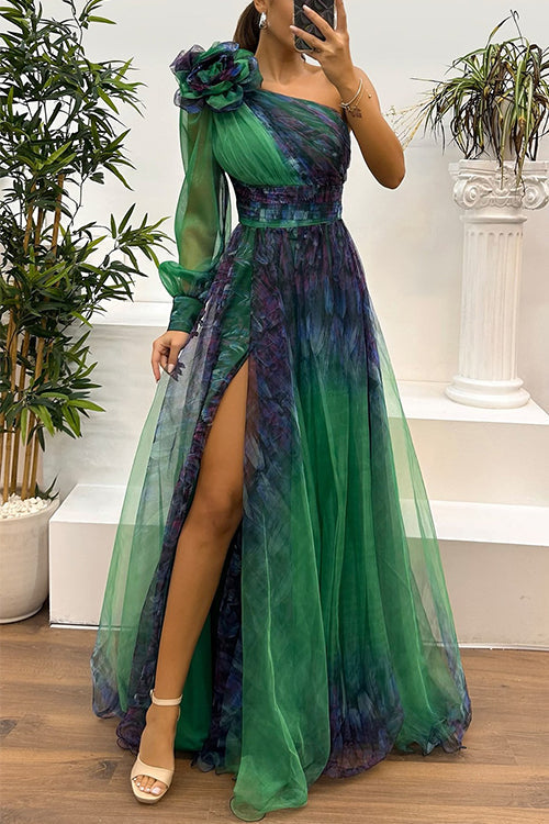 Heididress One Shoulder Long Sleeve High Waist Printed Mesh Slit Maxi Dress