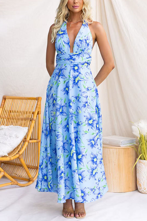 Halter Neck Backless Waisted Floral Print Swing Maxi Dress