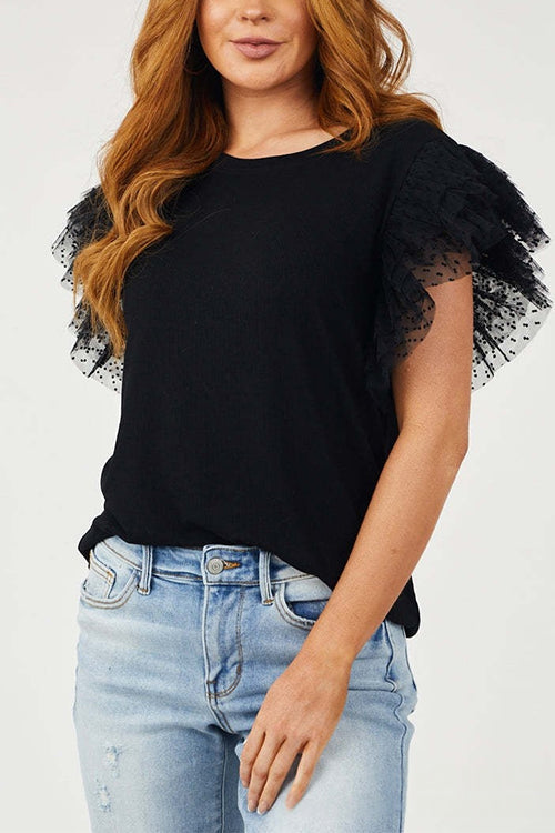 Heididress Round Neck Polka Dot Ruffle Short Sleeves Top