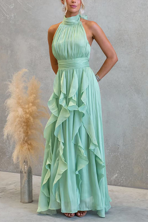 Halter Neck Ruffle Flowy Maxi Dress