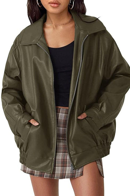 Heididress Lapel Zip Up Faux Leather Pocketed Jacket