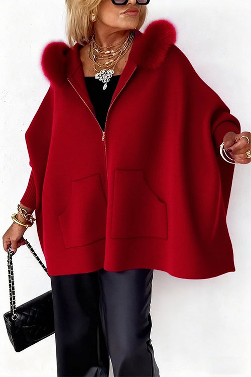 Heididress Dolman Sleeves Zipper Up Pocketed Jacket with Faux Fur Hood