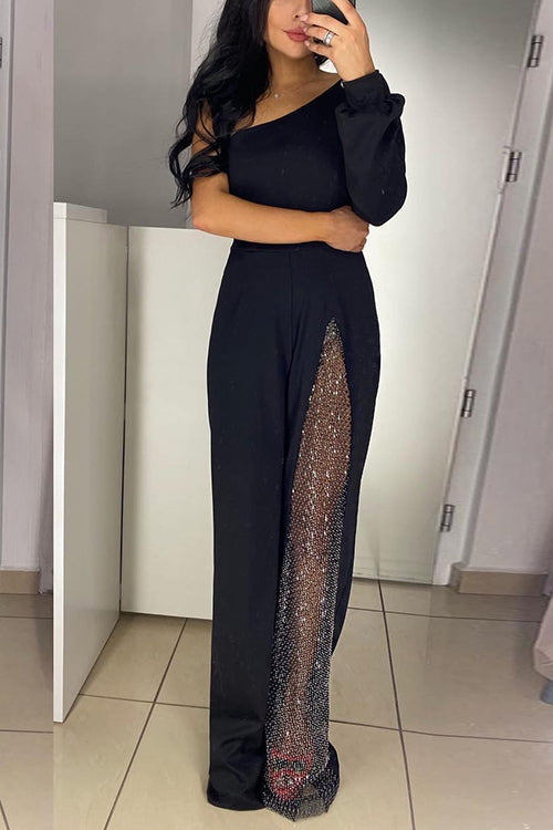 Heididress Stylish One Shoulder Slit Long Sleeve Mesh Splice Wide Leg Jumpsuit