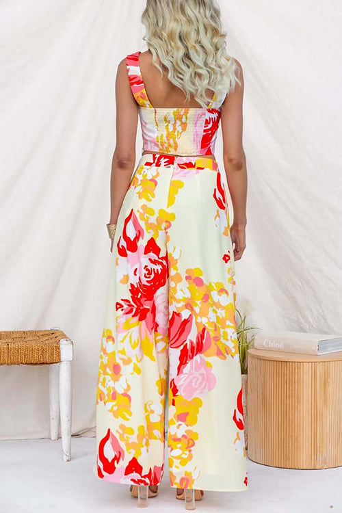 Floral Print Sleeveless Crop Top and Wide Leg Pants Set