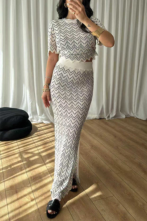 Crewneck Short Sleeves Zigzag Patterned Top