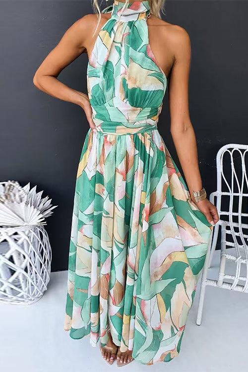 Halter Neck Open Back Waisted Printed Maxi Dress