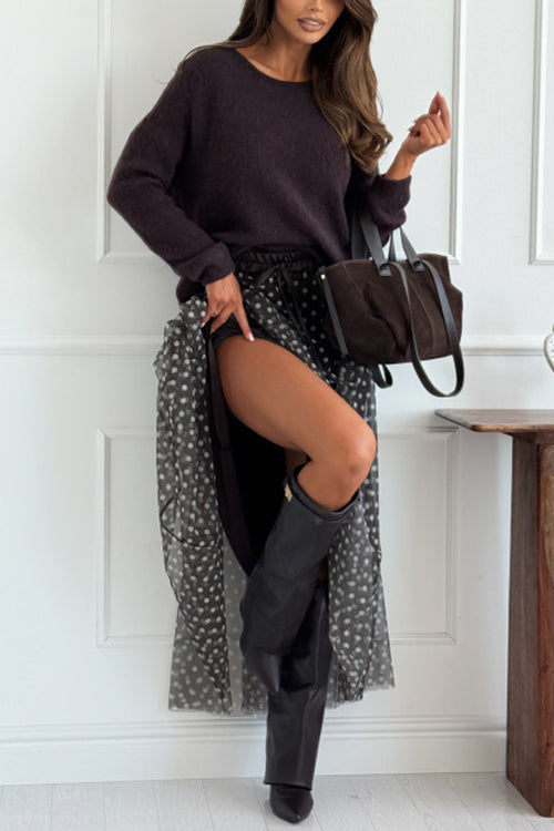 Drawstring Waist Polka Dot Tulle Maxi Skirt